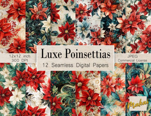 12 Luxe Poinsettia Seamless Patterns: A Versatile Design Resource for Holiday Creations