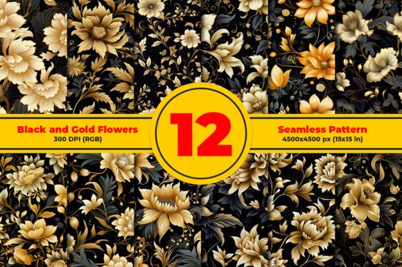 Black and Gold Flowers Seamless Patterns